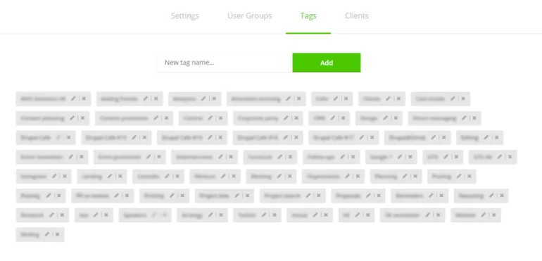 Tags page in Toggl